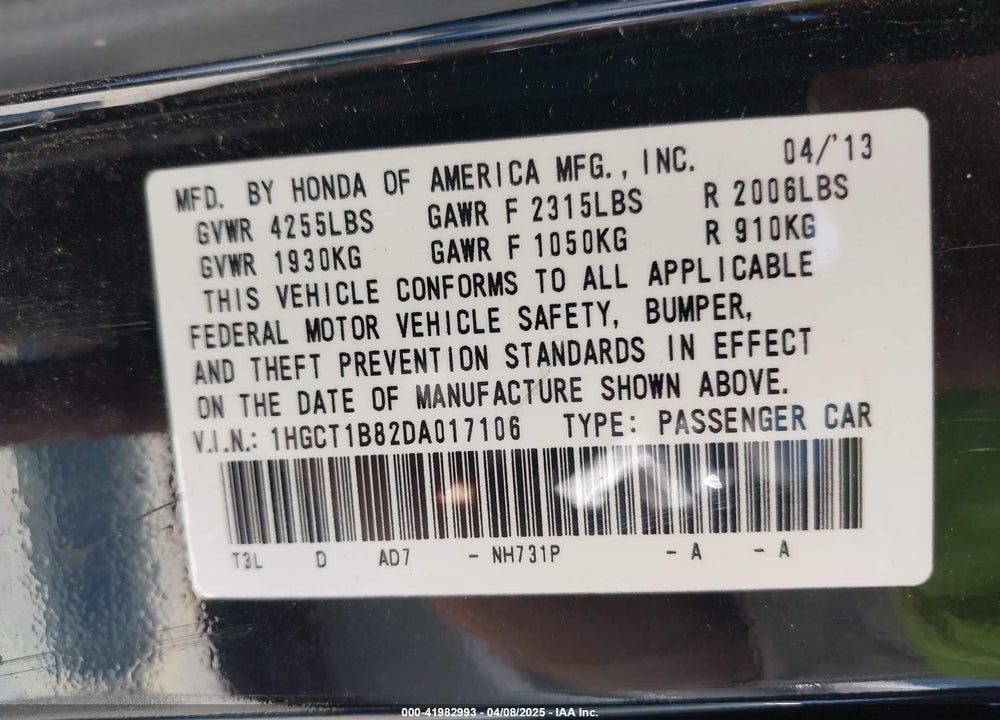 2013 HONDA ACCORD EX-L VIN: 1HGCT1B82DA017106