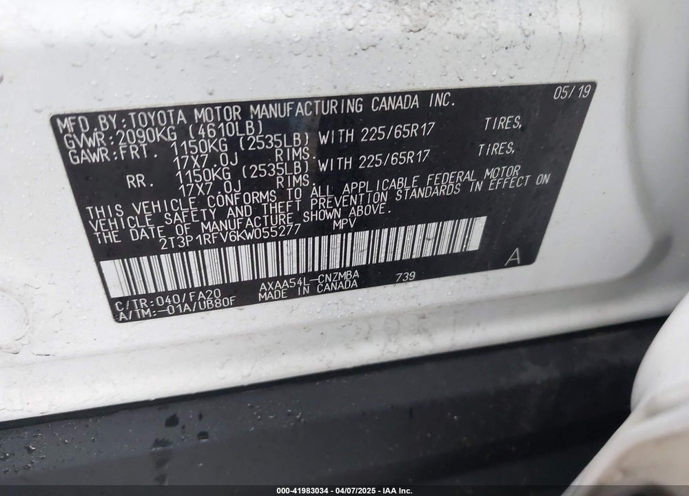 2019 TOYOTA RAV4 VIN: 2T3P1RFV6KW055277