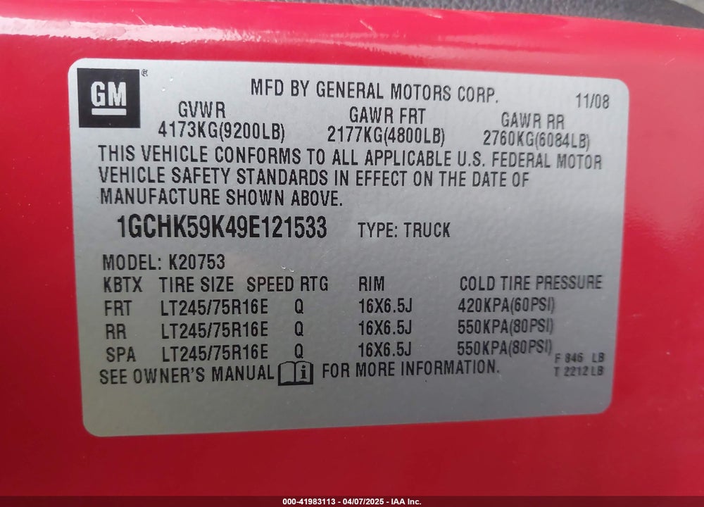 2009 CHEVROLET SILVERADO 2500HD VIN: 1GCHK59K49E121533