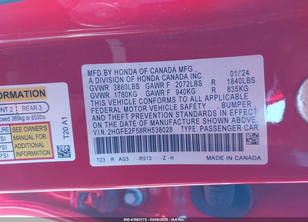 2024 HONDA CIVIC VIN: 2HGFE2F58RH538028