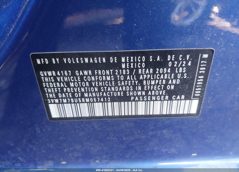 2024 VOLKSWAGEN JETTA VIN: 3VW7M7BU5RM057412