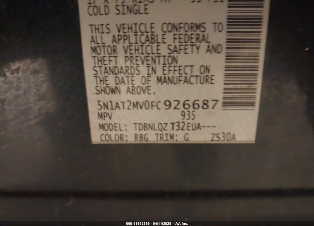2015 NISSAN ROGUE SV VIN: 5N1AT2MV0FC926687