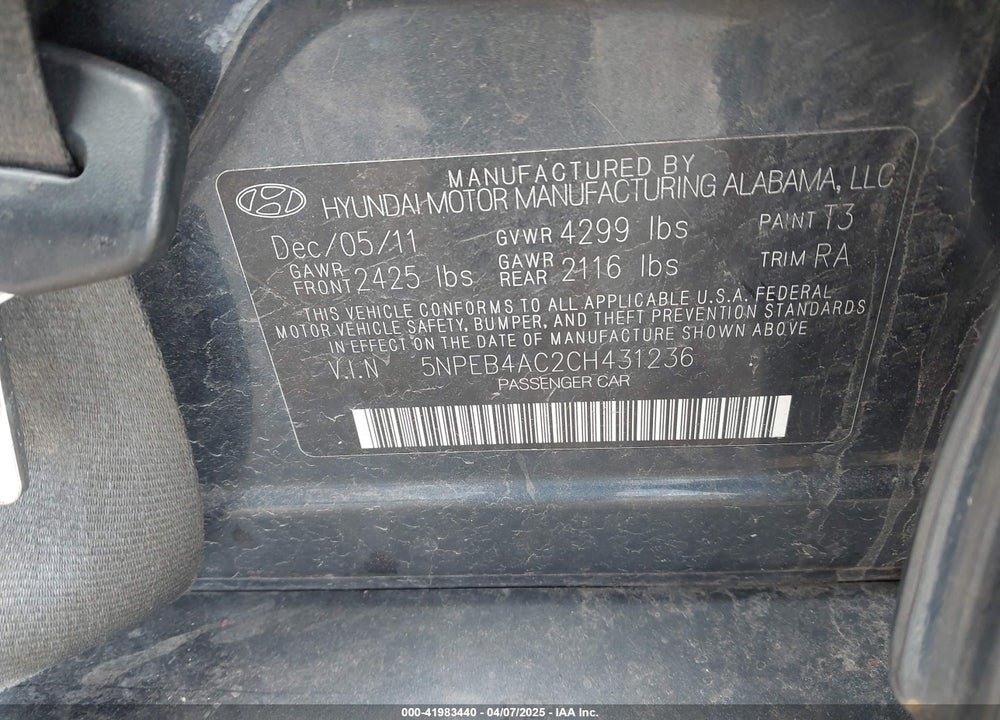 2012 HYUNDAI SONATA VIN: 5NPEB4AC2CH431236