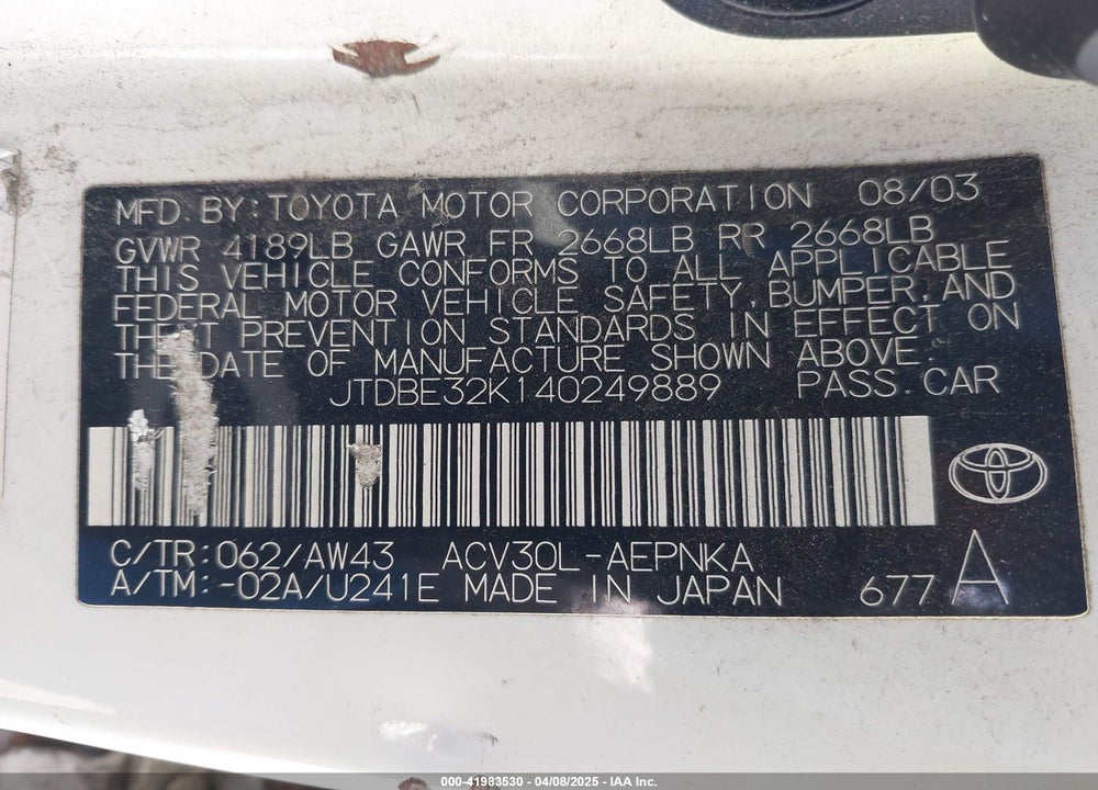 2004 TOYOTA CAMRY LE VIN: JTDBE32K140249889
