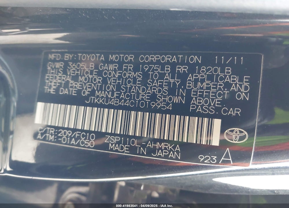 2012 SCION XD VIN: JTKKU4B44C1019954