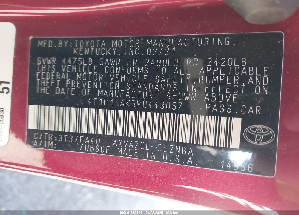 2021 TOYOTA CAMRY VIN: 4T1C11AK3MU443057
