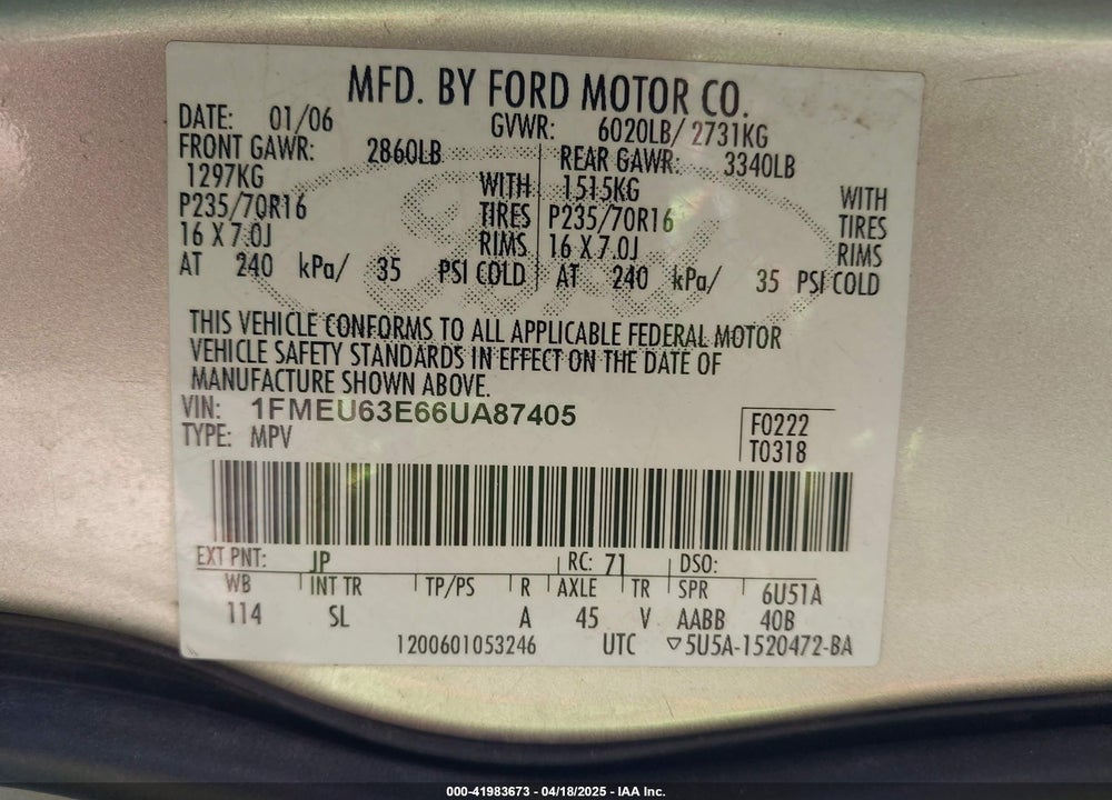 2006 FORD EXPLORER XLT VIN: 1FMEU63E66UA87405