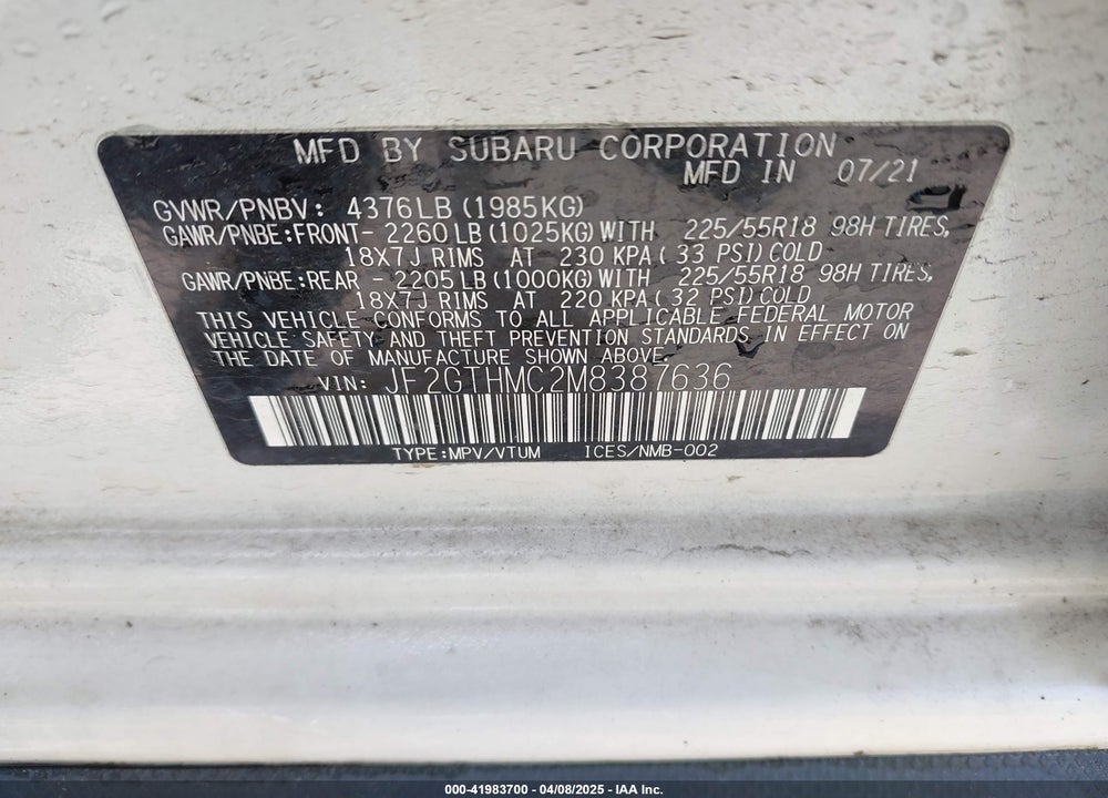 2021 SUBARU CROSSTREK VIN: JF2GTHMC2M8387636