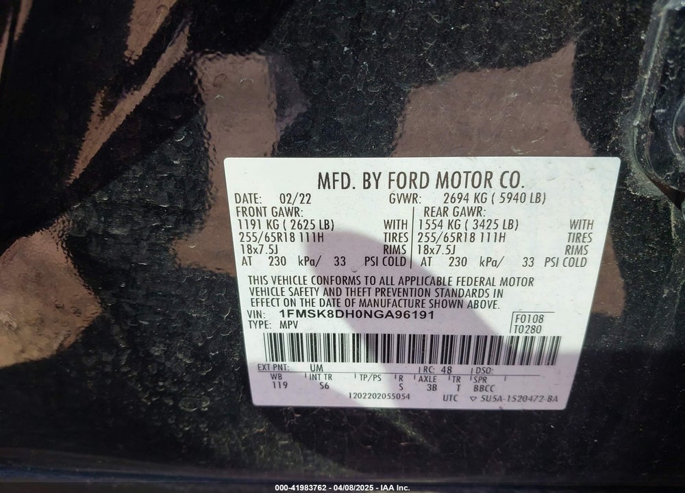 2022 FORD EXPLORER XLT VIN: 1FMSK8DH0NGA96191
