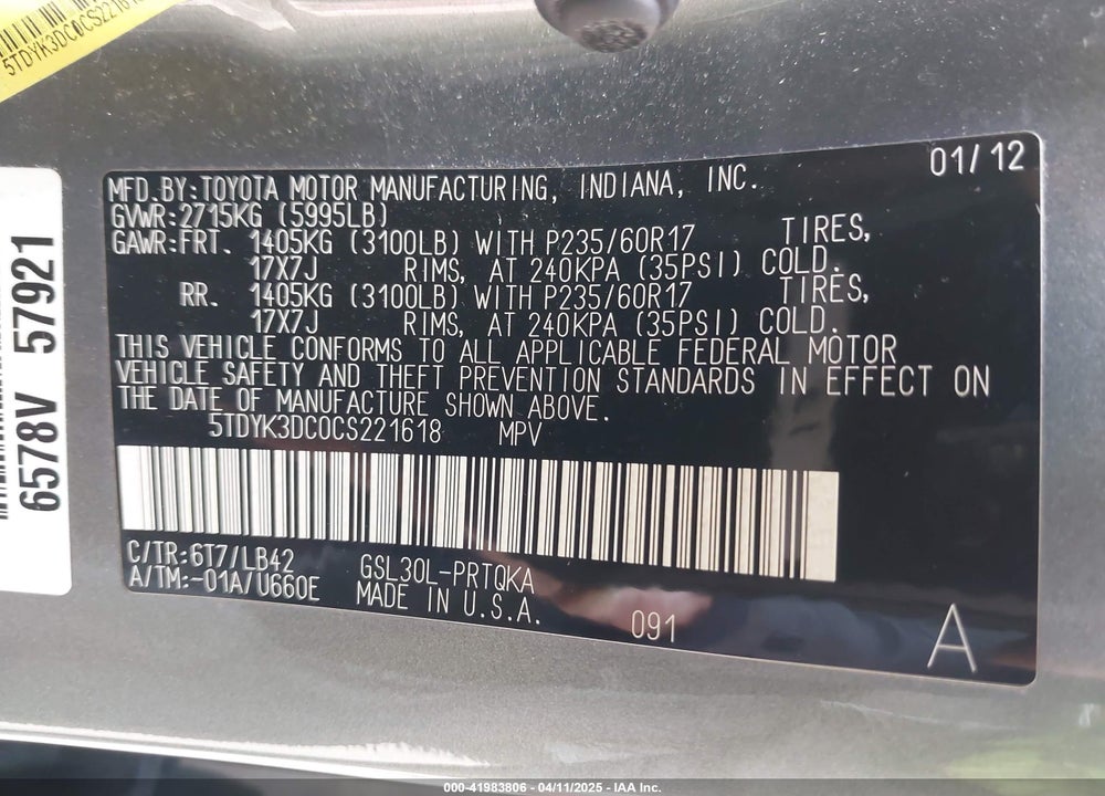 2012 TOYOTA SIENNA VIN: 5TDYK3DC0CS221618