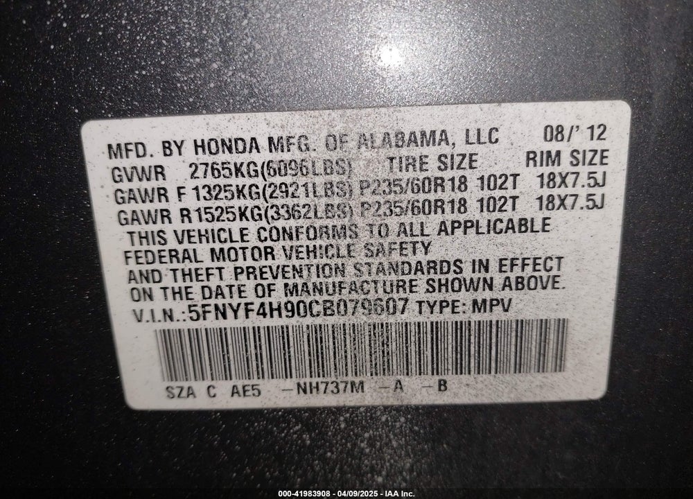 2012 HONDA PILOT TOURING VIN: 5FNYF4H90CB079607