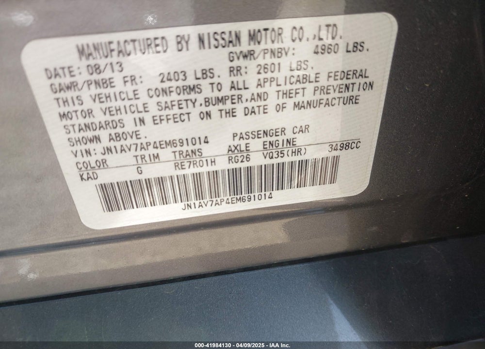 2014 INFINITI Q50 VIN: JN1AV7AP4EM691014
