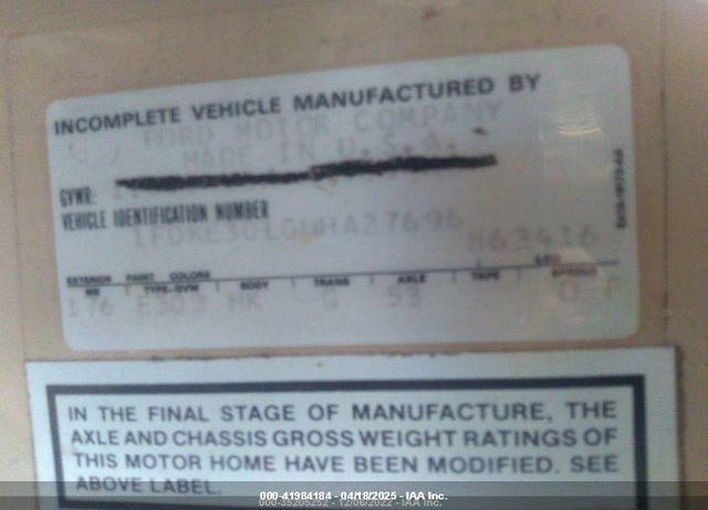 1987 FORD ECONOLINE E350 CUTAWAY VAN VIN: 1FDKE30L0HHA27696