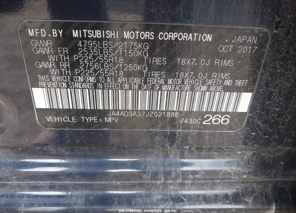 2018 MITSUBISHI OUTLANDER VIN: JA4AD3A37JZ021888