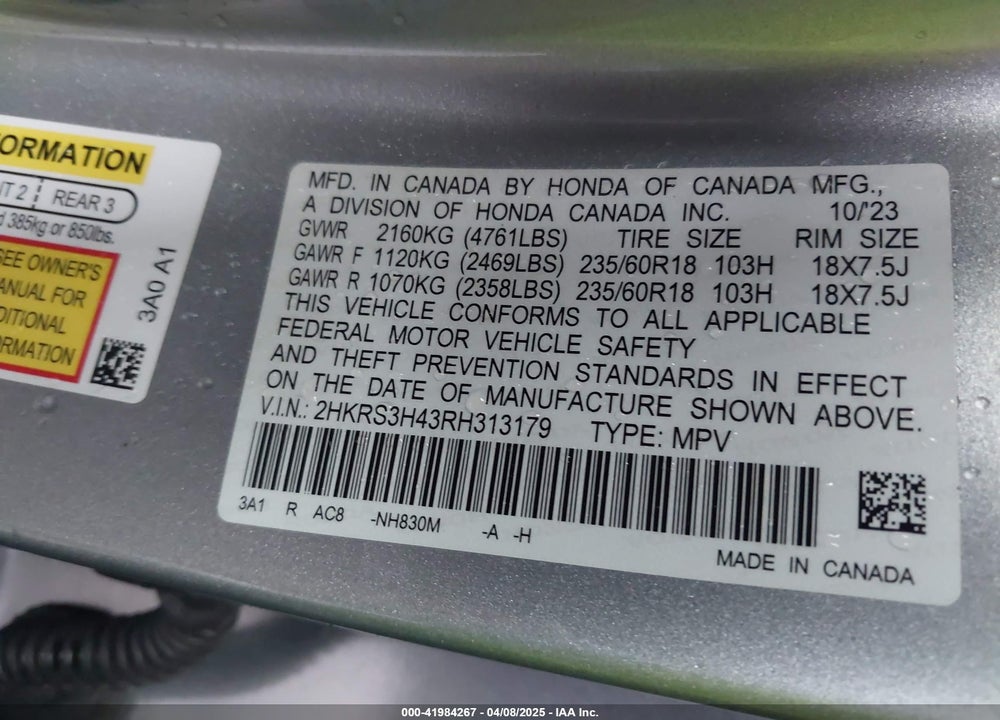2024 HONDA CR-V VIN: 2HKRS3H43RH313179