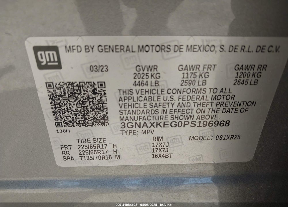 2023 CHEVROLET EQUINOX VIN: 3GNAXKEG0PS196968