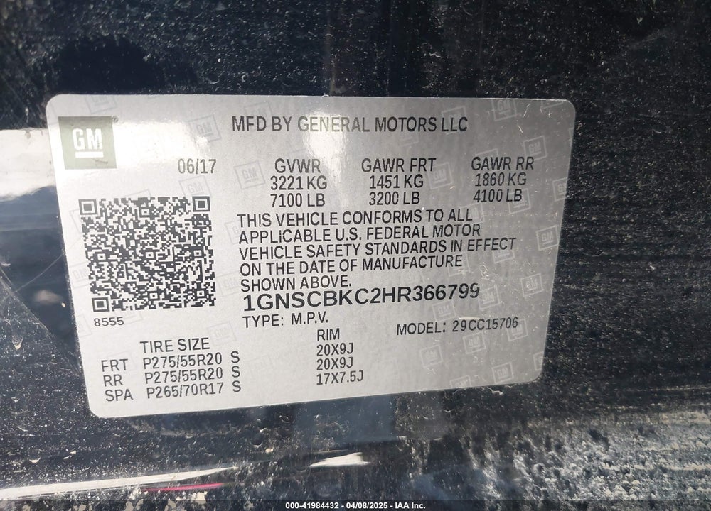 2017 CHEVROLET TAHOE LT VIN: 1GNSCBKC2HR366799