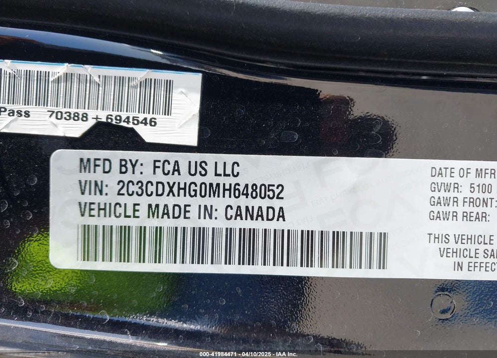 2021 DODGE CHARGER GT RWD VIN: 2C3CDXHG0MH648052