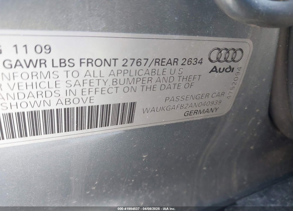 2010 AUDI A6 VIN: WAUKGAFB2AN040939