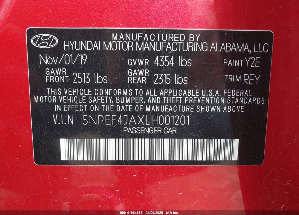 2020 HYUNDAI SONATA VIN: 5NPEF4JAXLH001201