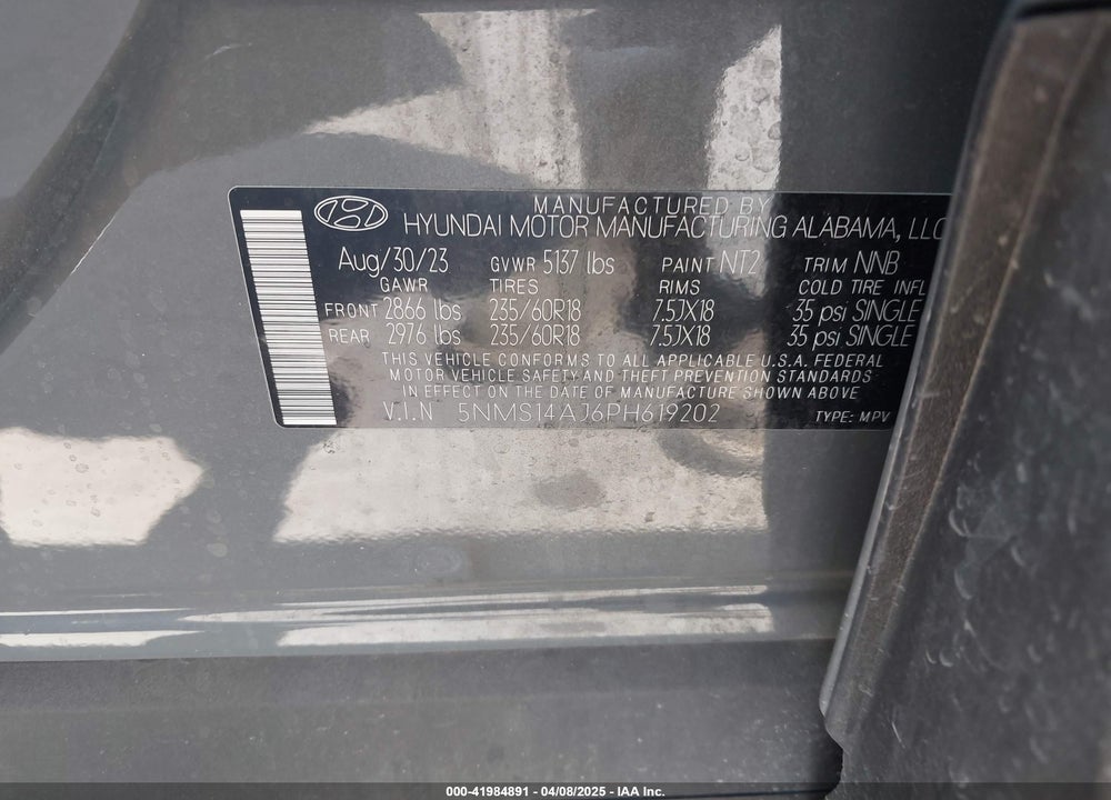 2023 HYUNDAI SANTA FE SE VIN: 5NMS14AJ6PH619202