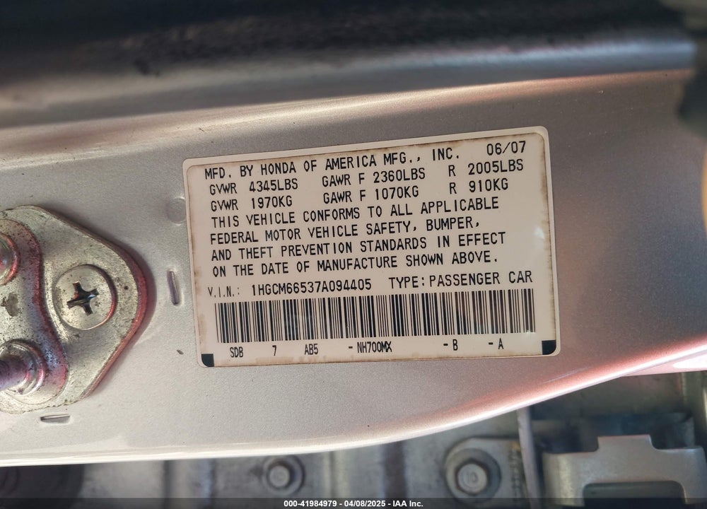 2007 HONDA ACCORD 3.0 EX VIN: 1HGCM66537A094405