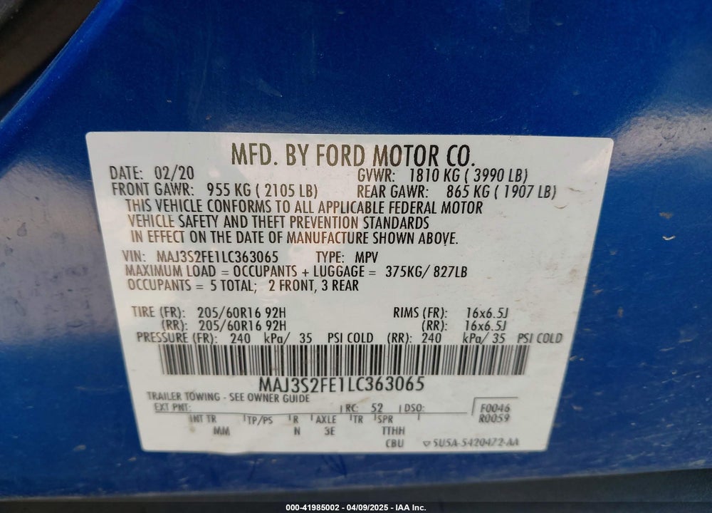 2020 FORD ECOSPORT S VIN: MAJ3S2FE1LC363065