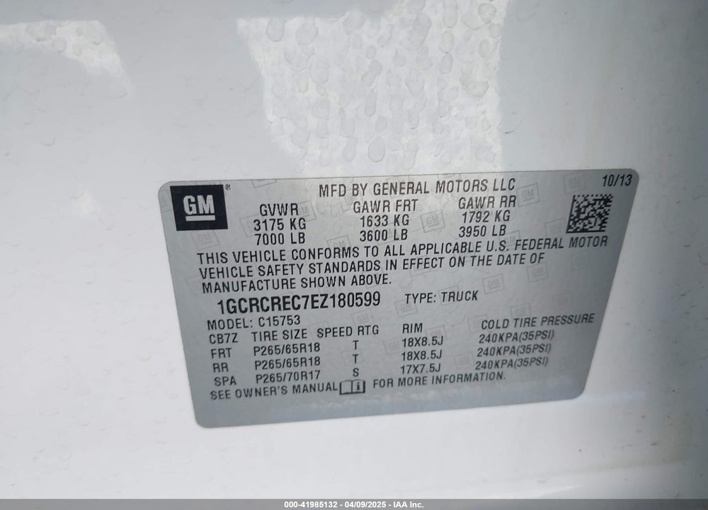 2014 CHEVROLET SILVERADO 1500 1LT VIN: 1GCRCREC7EZ180599