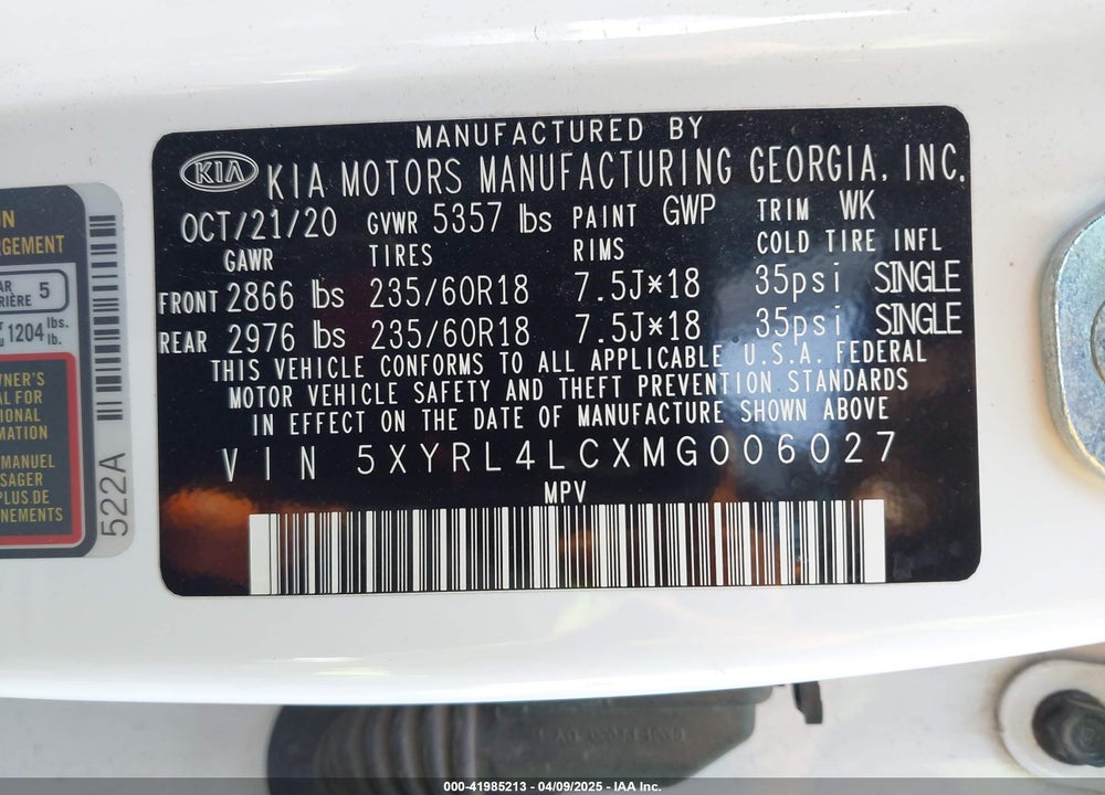 2021 KIA SORENTO S VIN: 5XYRL4LCXMG006027