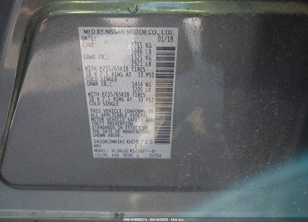 2019 NISSAN PATHFINDER VIN: 5N1DR2MN3KC608715