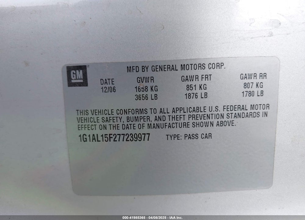 2007 CHEVROLET COBALT LT VIN: 1G1AL15F277239977