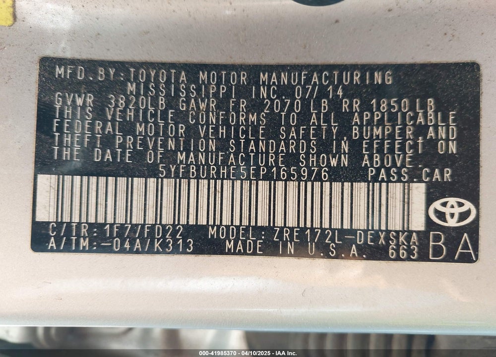 2014 TOYOTA COROLLA VIN: 5YFBURHE5EP165976