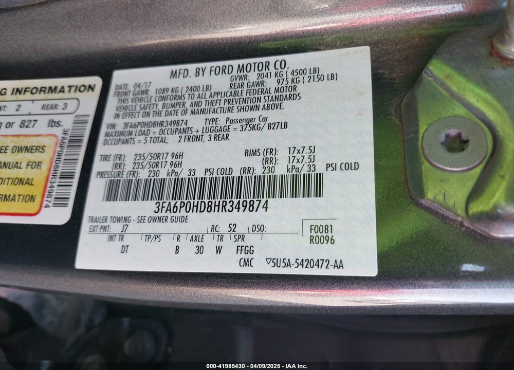 2017 FORD FUSION VIN: 3FA6P0HD8HR349874
