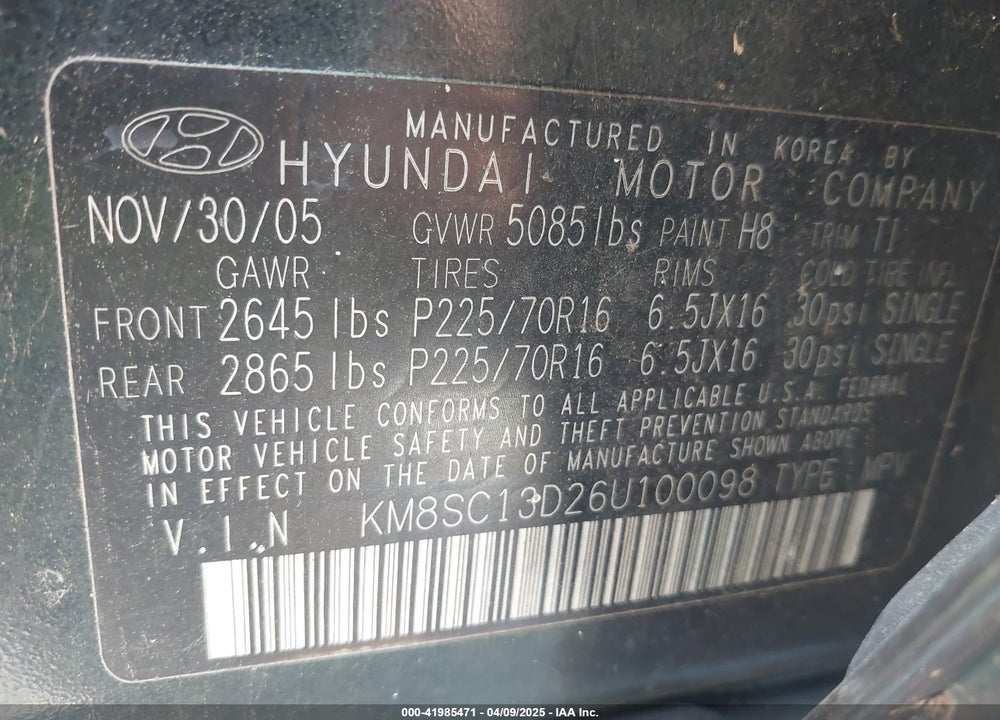 2006 HYUNDAI SANTA FE VIN: KM8SC13D26U100098