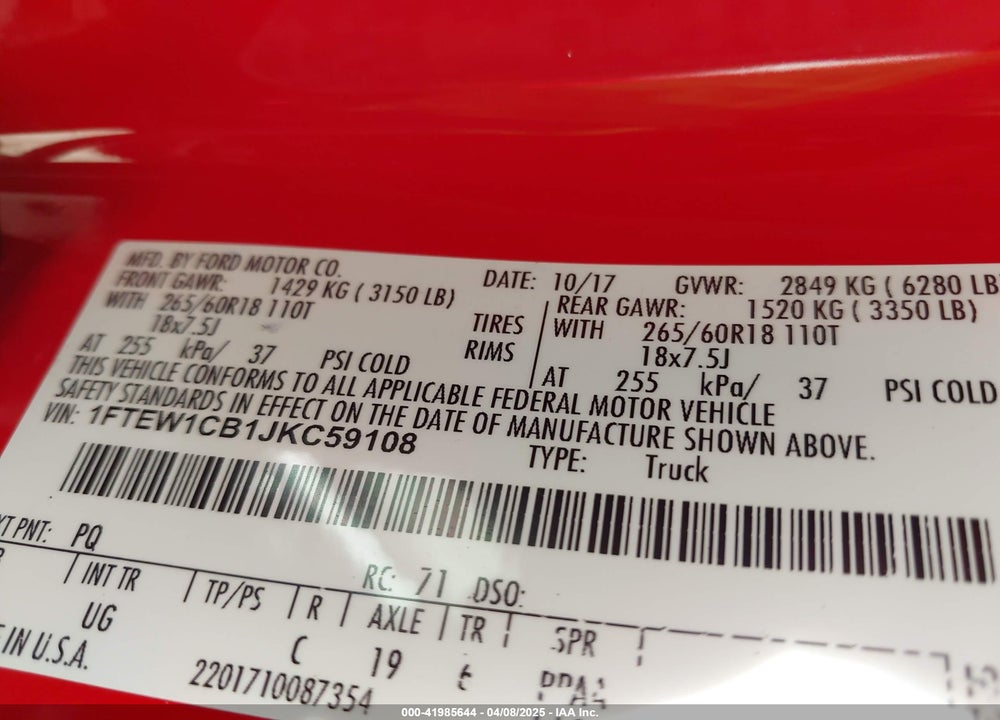 2018 FORD F-150 XLT VIN: 1FTEW1CB1JKC59108