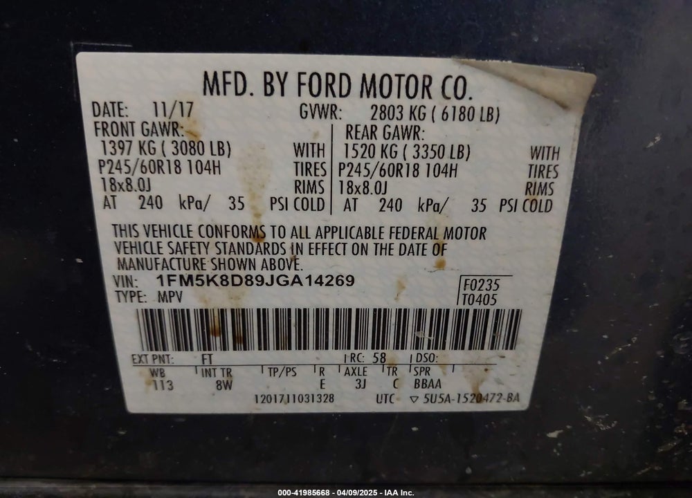 2018 FORD EXPLORER VIN: 1FM5K8D89JGA14269