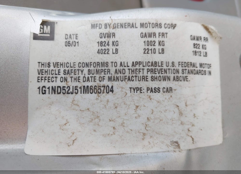 2001 CHEVROLET MALIBU VIN: 1G1ND52J51M665704