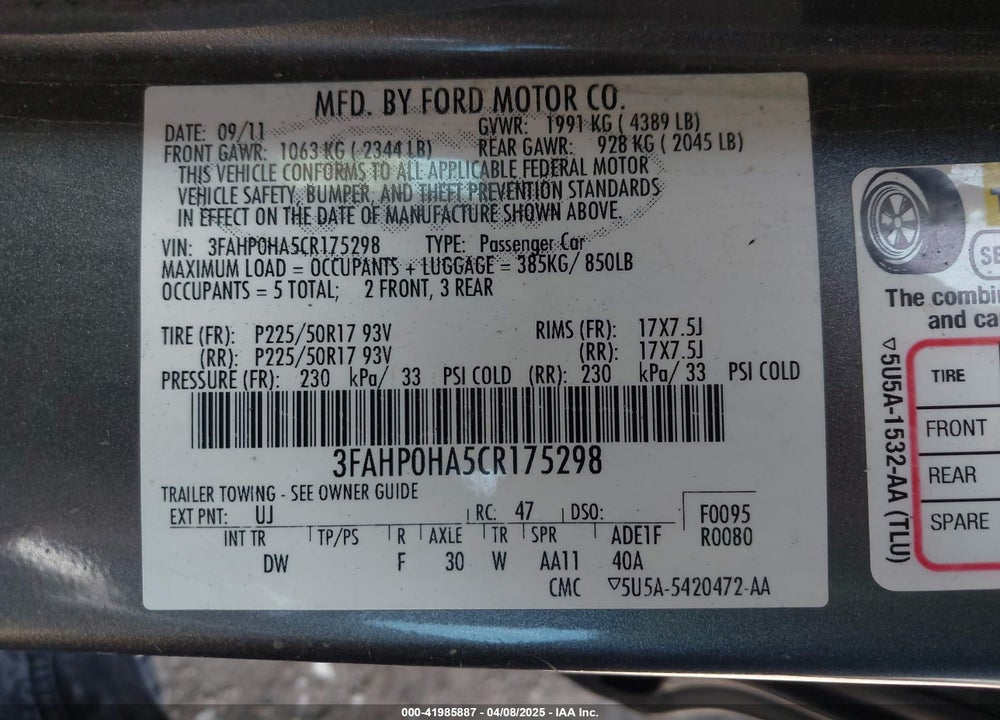 2012 FORD FUSION VIN: 3FAHP0HA5CR175298