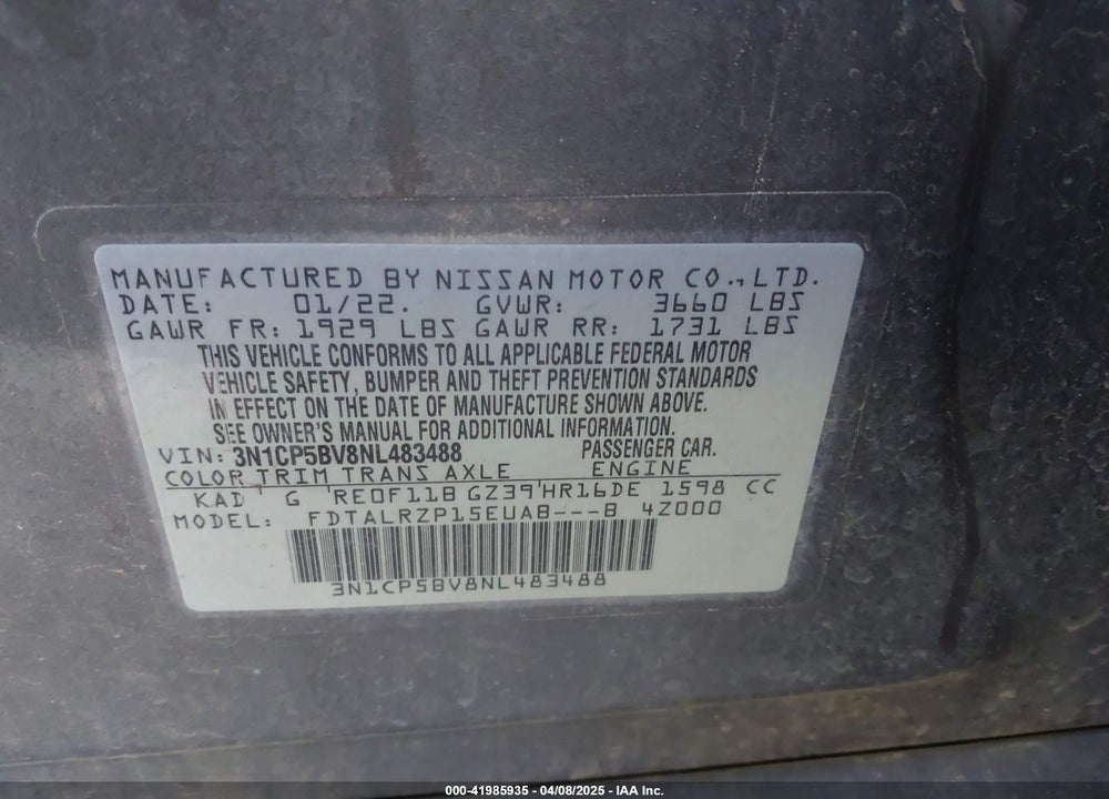2022 NISSAN KICKS VIN: 3N1CP5BV8NL483488