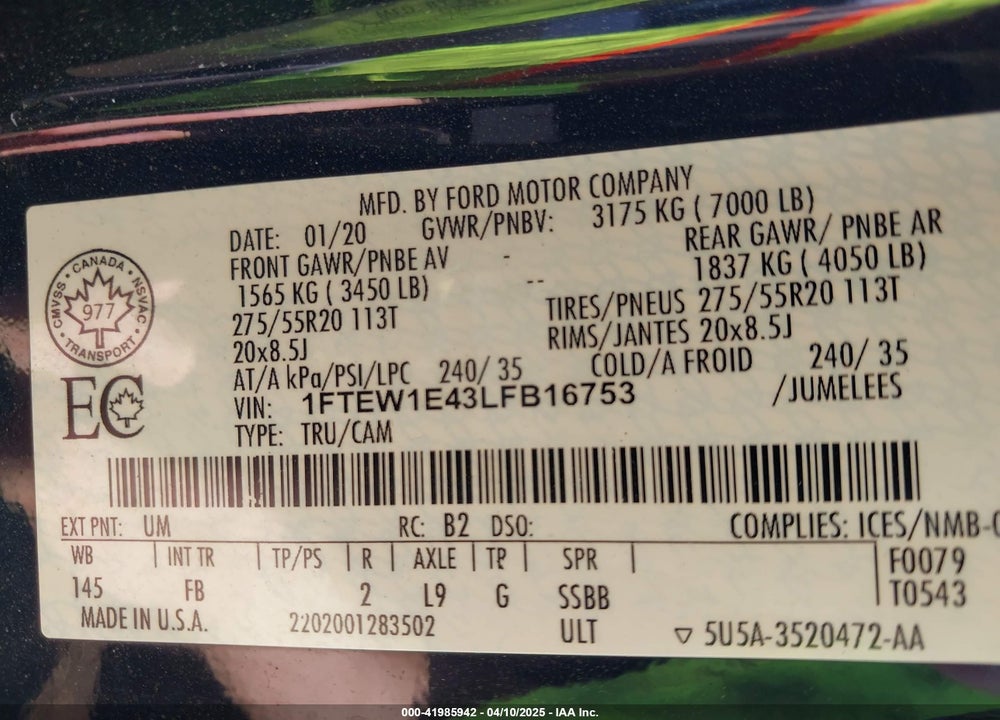 2020 FORD F150 VIN: 1FTEW1E43LFB16753