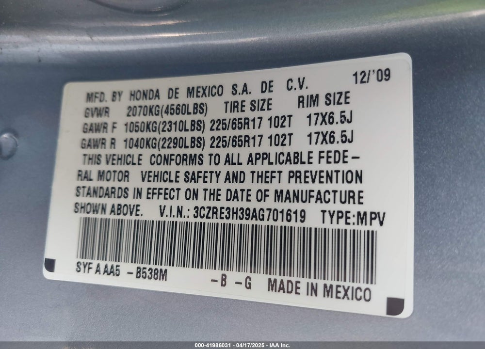 2010 HONDA CR-V VIN: 3CZRE3H39AG701619