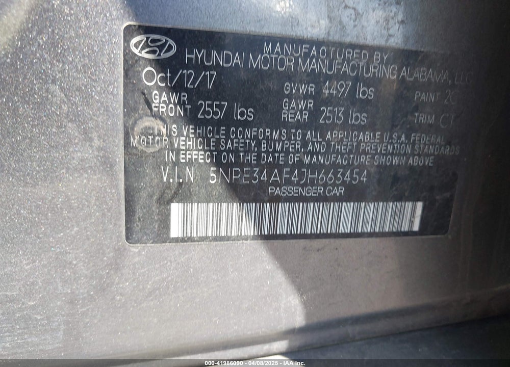 2018 HYUNDAI SONATA VIN: 5NPE34AF4JH663454