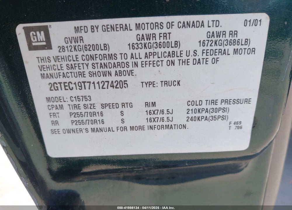 2001 GMC SIERRA 1500 SLE VIN: 2GTEC19T711274205