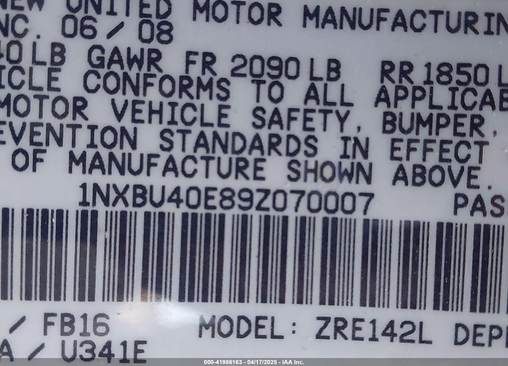 2009 TOYOTA COROLLA VIN: 1NXBU40E89Z070007