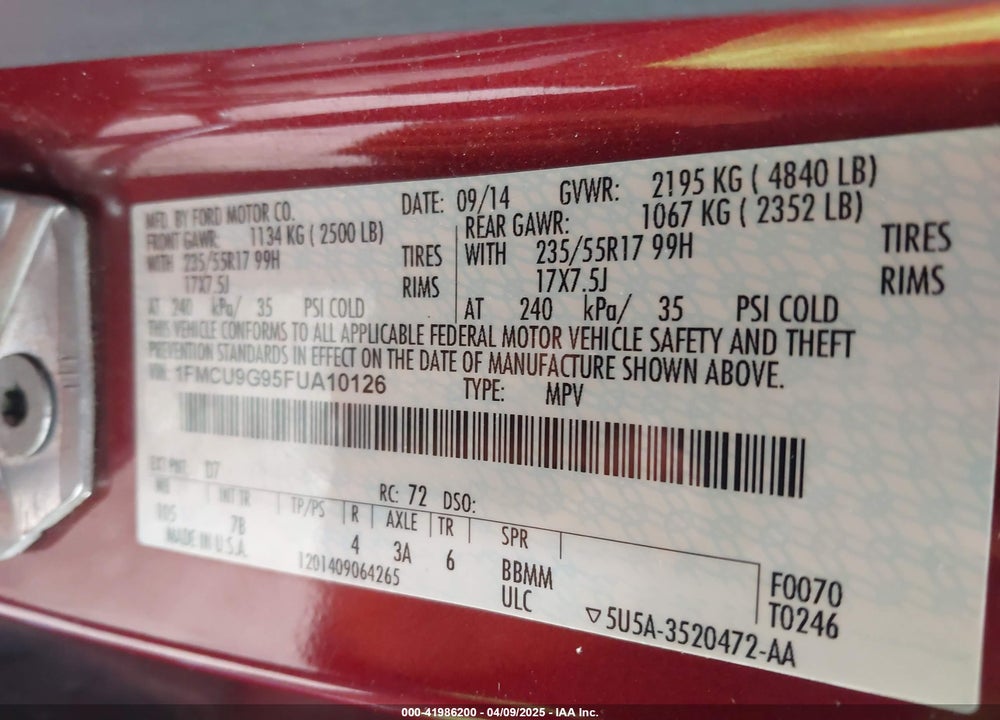 2015 FORD ESCAPE SE VIN: 1FMCU9G95FUA10126