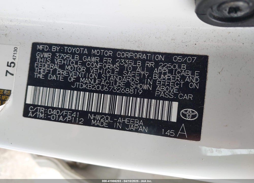 2007 TOYOTA PRIUS VIN: JTDKB20U673268819