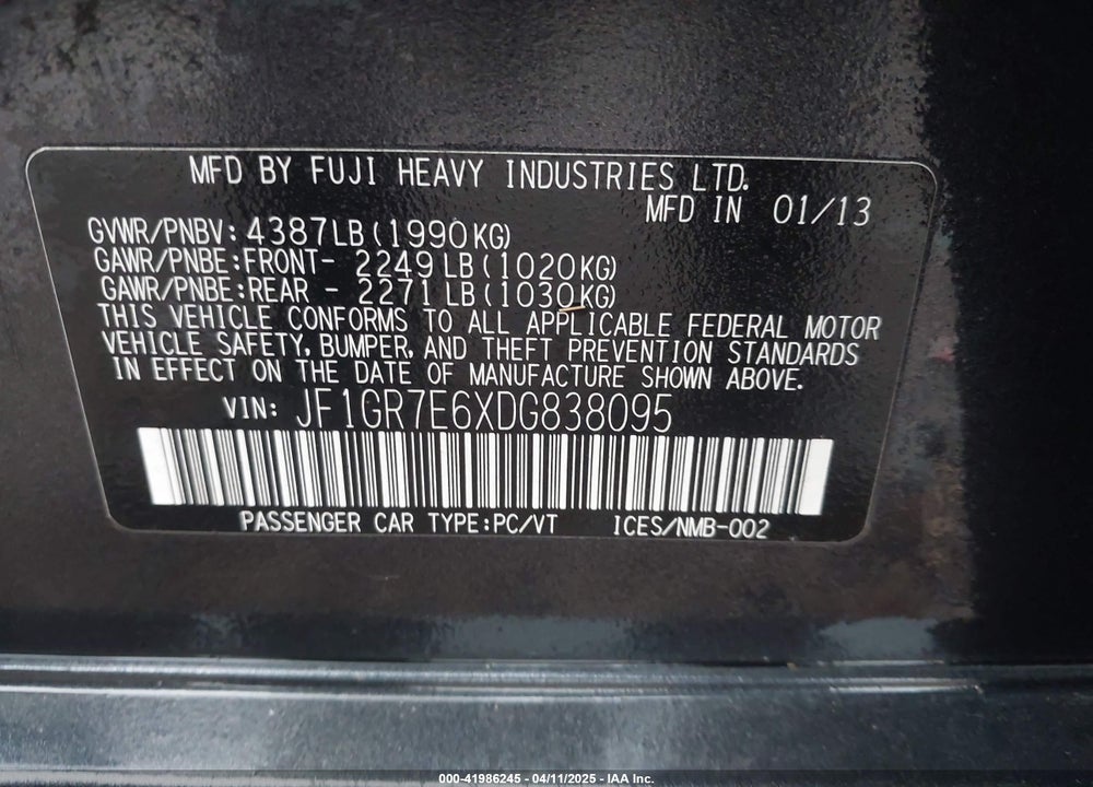 2013 SUBARU IMPREZA WRX VIN: JF1GR7E6XDG838095
