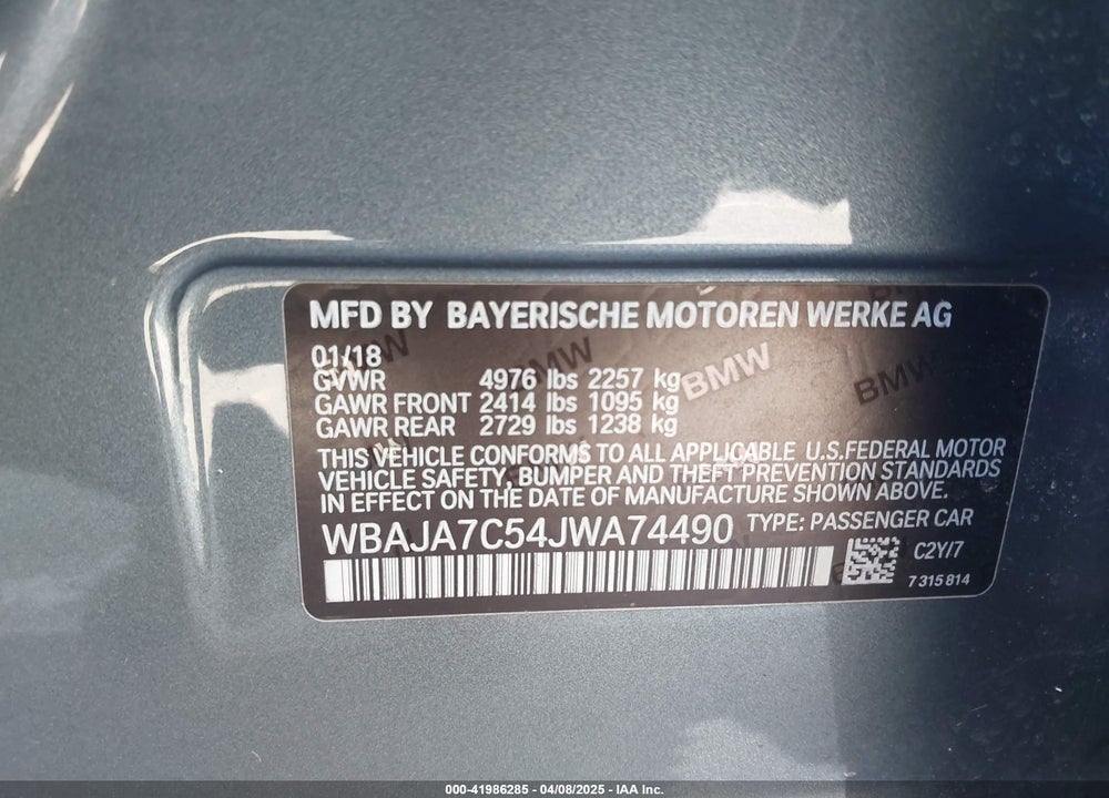 2018 BMW 5 SERIES VIN: WBAJA7C54JWA74490
