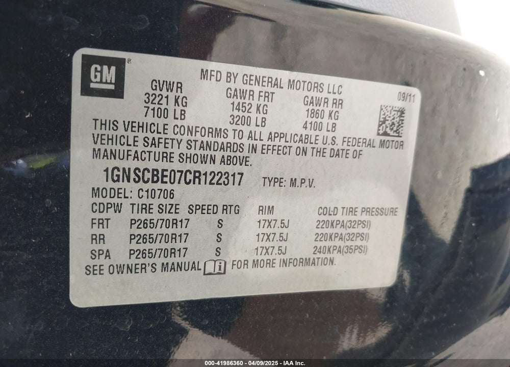 2012 CHEVROLET TAHOE LT VIN: 1GNSCBE07CR122317