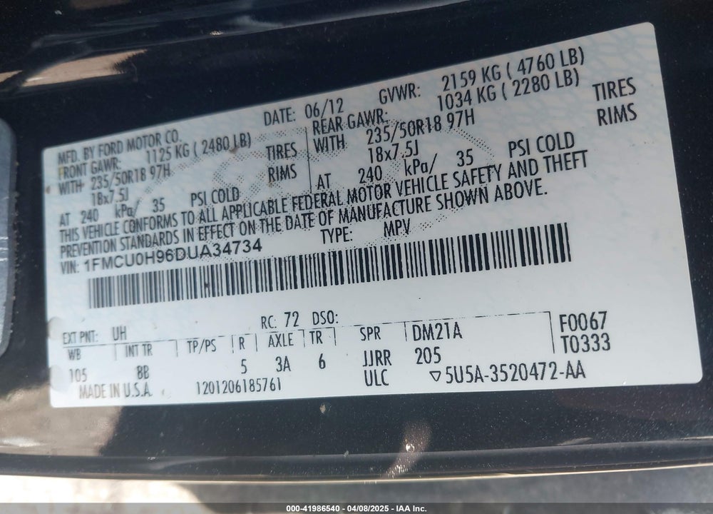 2013 FORD ESCAPE SEL VIN: 1FMCU0H96DUA34734